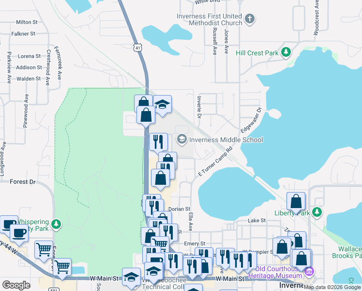 map of restaurants, bars, coffee shops, grocery stores, and more near 1950 U.S. 41 in Inverness