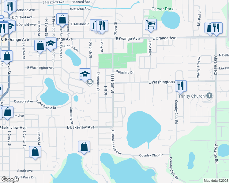 map of restaurants, bars, coffee shops, grocery stores, and more near 717 Haselton Street in Eustis