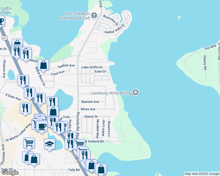 map of restaurants, bars, coffee shops, grocery stores, and more near 1414 North Lake View Avenue in Leesburg