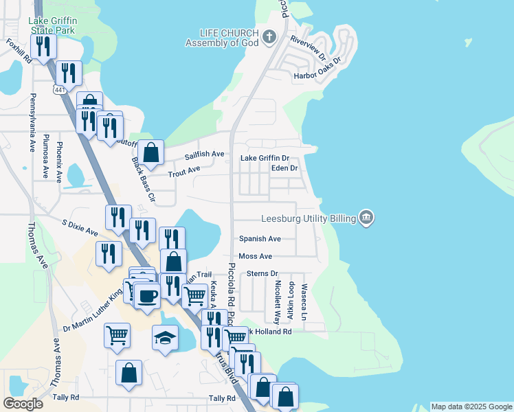 map of restaurants, bars, coffee shops, grocery stores, and more near 1515 Grove Avenue in Leesburg