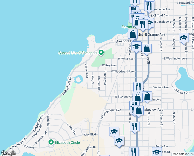 map of restaurants, bars, coffee shops, grocery stores, and more near 633 Starbird Street in Eustis