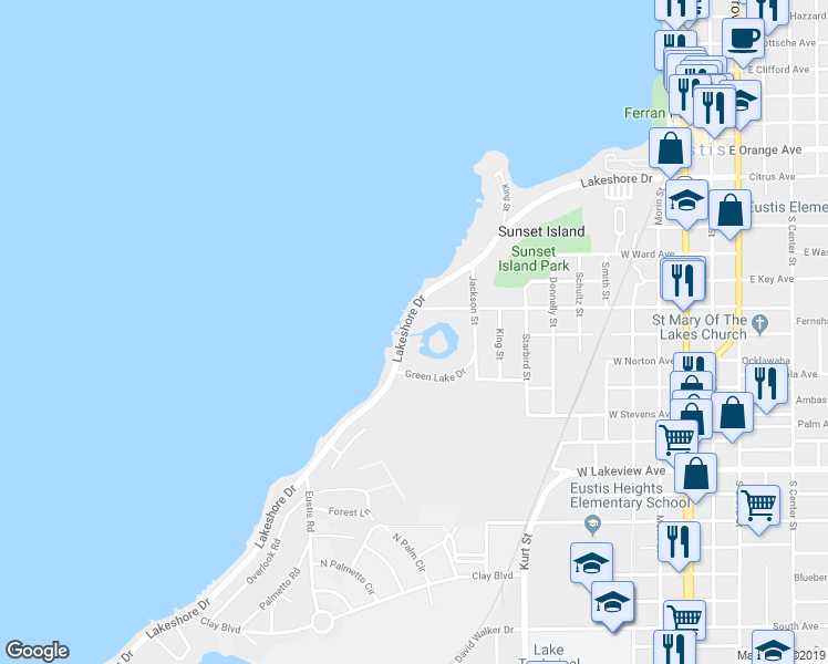 map of restaurants, bars, coffee shops, grocery stores, and more near 707 Lakeshore Drive in Eustis