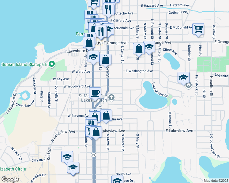 map of restaurants, bars, coffee shops, grocery stores, and more near 235 East Badger Avenue in Eustis