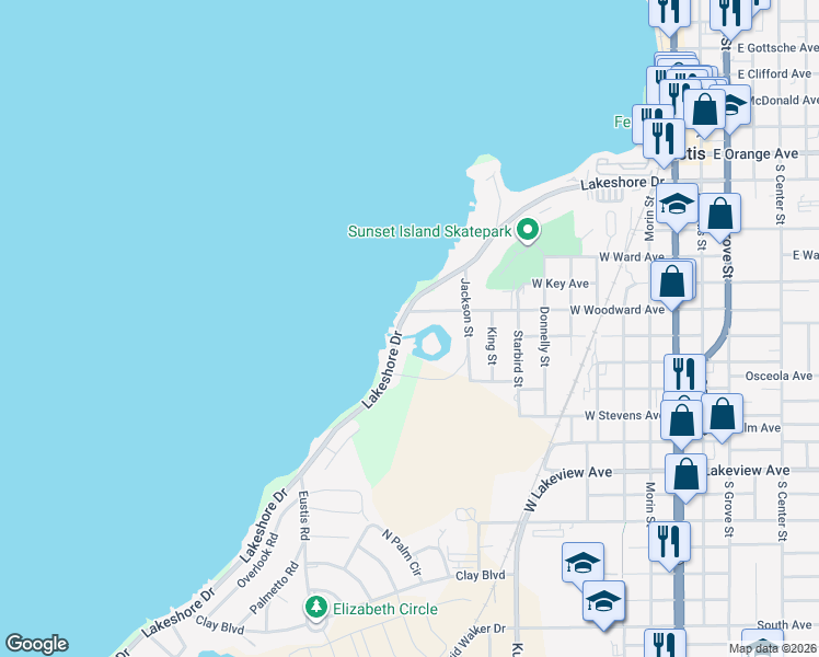 map of restaurants, bars, coffee shops, grocery stores, and more near 707 Lakeshore Drive in Eustis