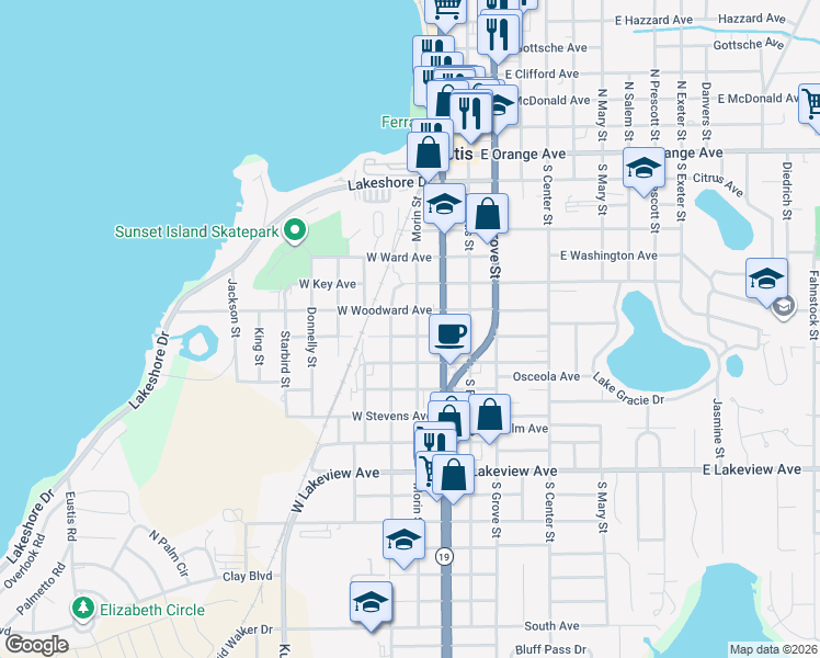 map of restaurants, bars, coffee shops, grocery stores, and more near 109 West Badger Avenue in Eustis