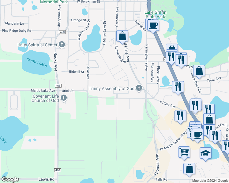 map of restaurants, bars, coffee shops, grocery stores, and more near 300 Urick Street in Fruitland Park
