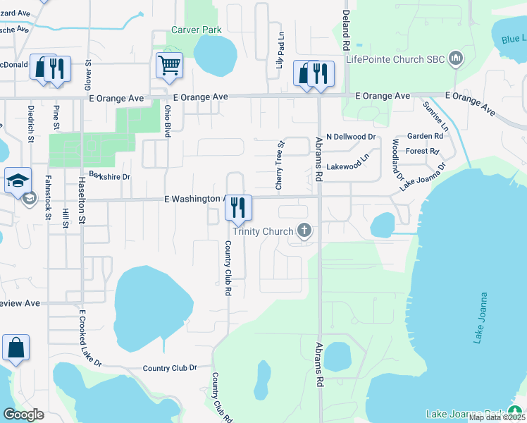map of restaurants, bars, coffee shops, grocery stores, and more near 835 Club Hills Drive in Eustis