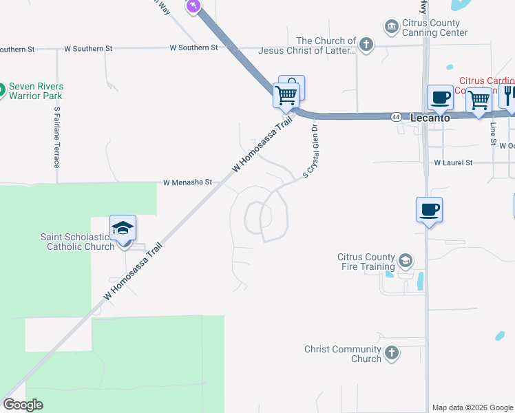 map of restaurants, bars, coffee shops, grocery stores, and more near 1121 South Softwind Loop in Lecanto