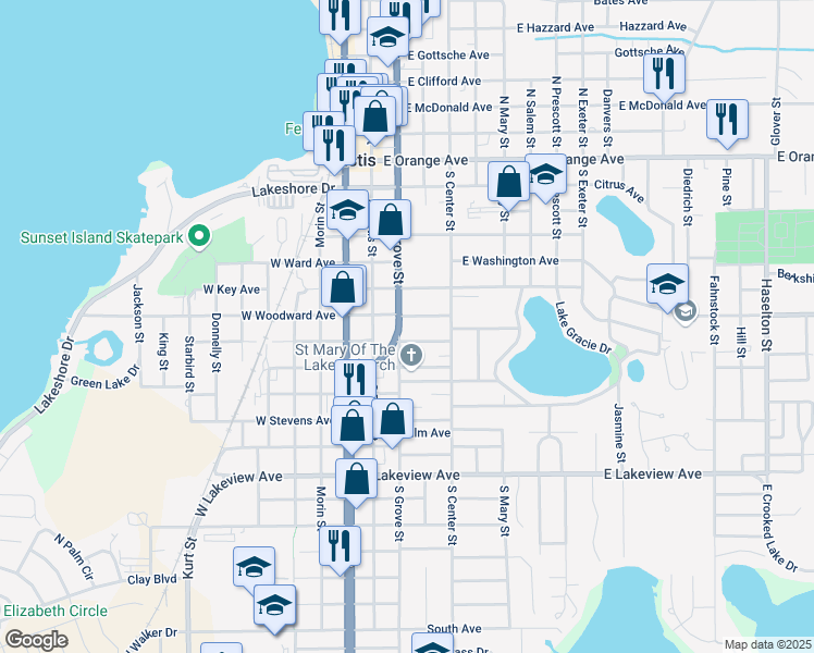 map of restaurants, bars, coffee shops, grocery stores, and more near 235 East Badger Avenue in Eustis