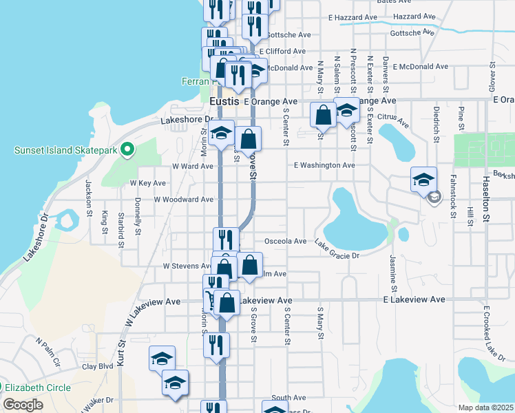 map of restaurants, bars, coffee shops, grocery stores, and more near 702 South Grove Street in Eustis