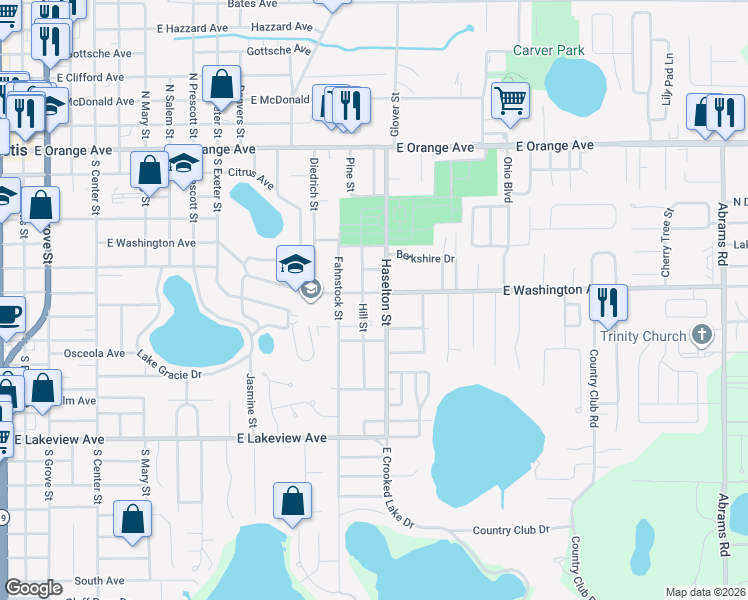 map of restaurants, bars, coffee shops, grocery stores, and more near 717 Haselton Street in Eustis