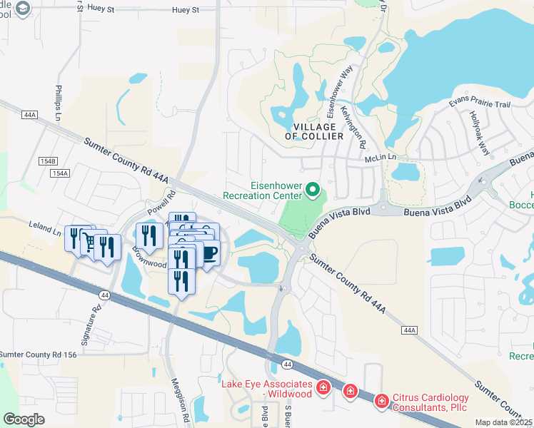 map of restaurants, bars, coffee shops, grocery stores, and more near 2527 Alcade Place in The Villages