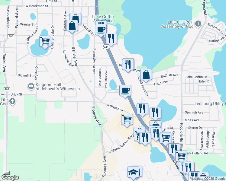 map of restaurants, bars, coffee shops, grocery stores, and more near 811 Phoenix Avenue in Fruitland Park