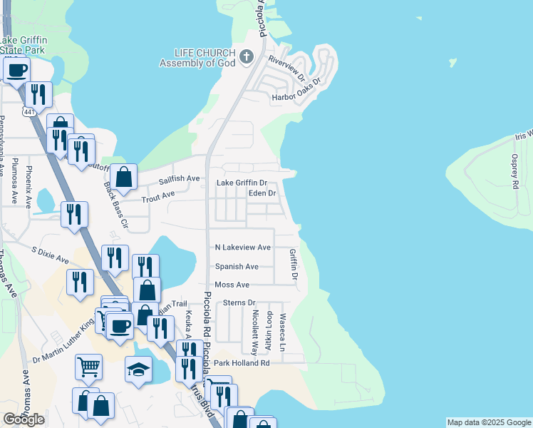 map of restaurants, bars, coffee shops, grocery stores, and more near 2 Island View South in Fruitland Park