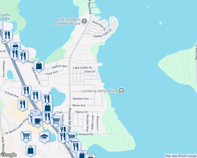 map of restaurants, bars, coffee shops, grocery stores, and more near 89 Lake Griffin Drive in Fruitland Park