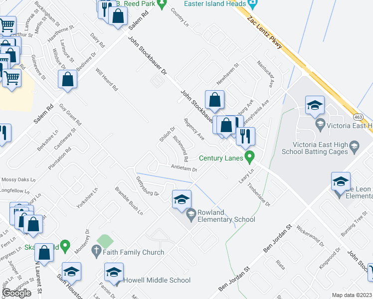 map of restaurants, bars, coffee shops, grocery stores, and more near 698 Shiloh Drive in Victoria
