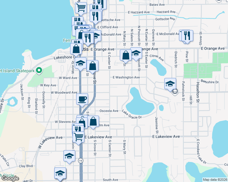 map of restaurants, bars, coffee shops, grocery stores, and more near 511 South Center Street in Eustis