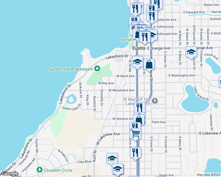 map of restaurants, bars, coffee shops, grocery stores, and more near 411 West Woodward Avenue in Eustis