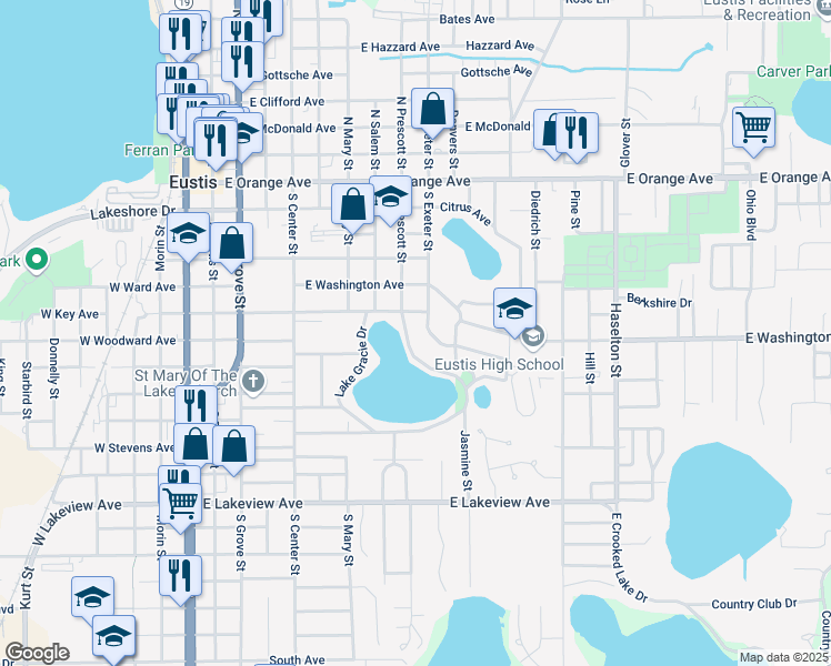 map of restaurants, bars, coffee shops, grocery stores, and more near 1047 Lake Gracie Drive in Eustis