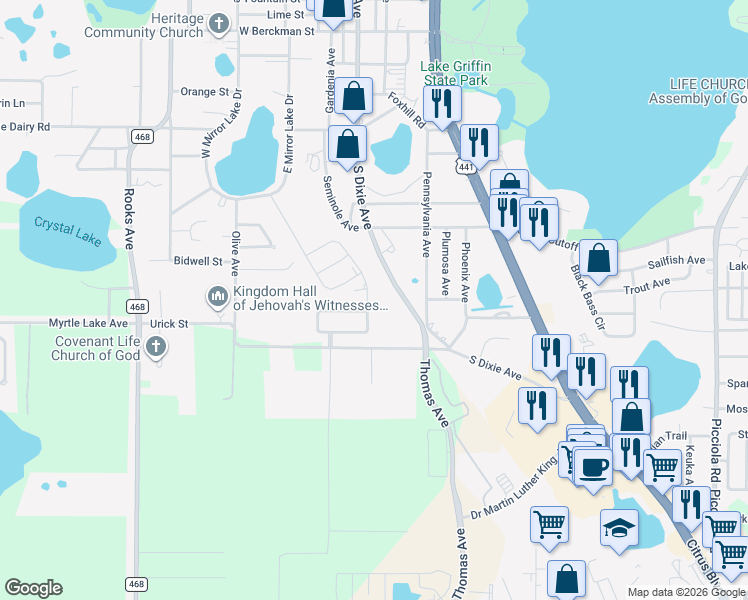 map of restaurants, bars, coffee shops, grocery stores, and more near 1148 Atlantic Ave in Fruitland Park