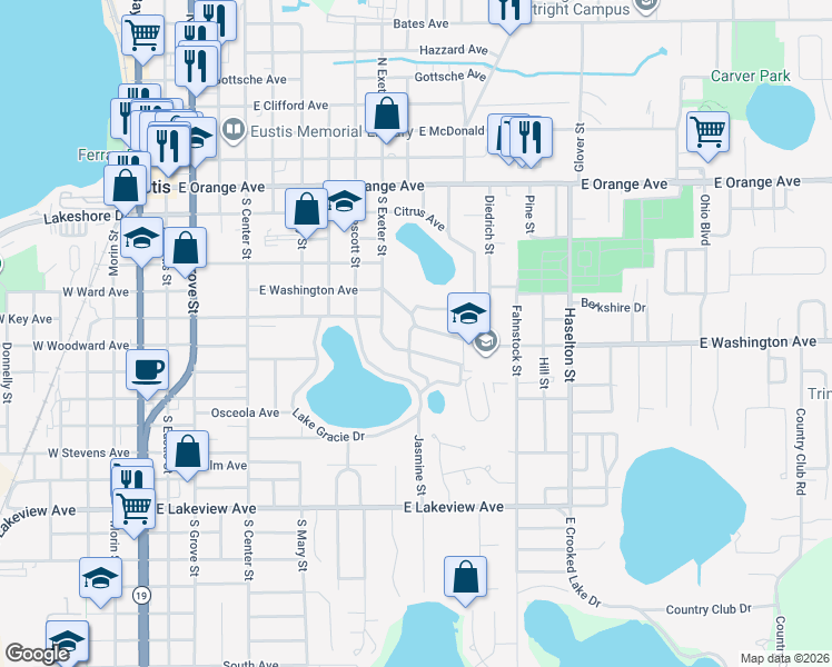 map of restaurants, bars, coffee shops, grocery stores, and more near 1006 East Washington Avenue in Eustis