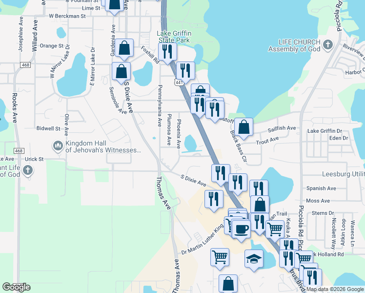 map of restaurants, bars, coffee shops, grocery stores, and more near 811 Phoenix Avenue in Fruitland Park