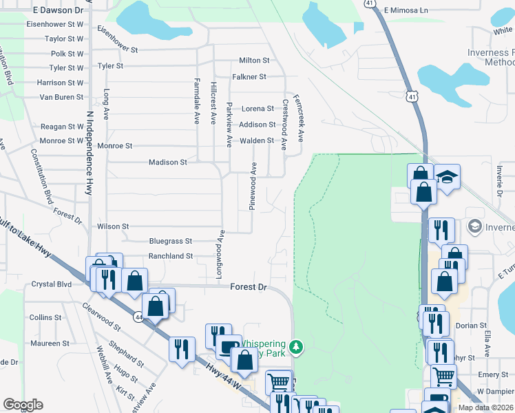 map of restaurants, bars, coffee shops, grocery stores, and more near 701 Whispering Pines Boulevard in Inverness