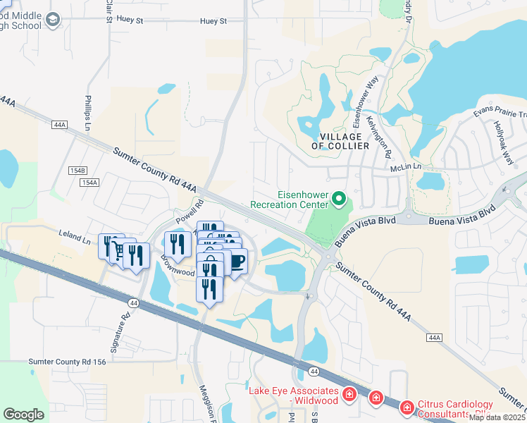 map of restaurants, bars, coffee shops, grocery stores, and more near 2630 Lindewood Street in The Villages