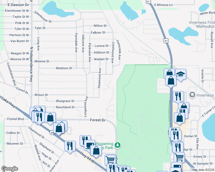 map of restaurants, bars, coffee shops, grocery stores, and more near 701 Whispering Pines Boulevard in Inverness