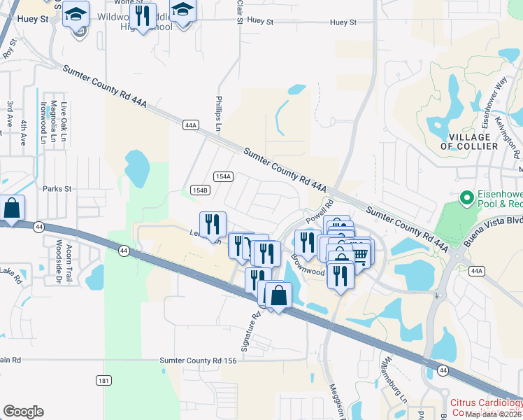 map of restaurants, bars, coffee shops, grocery stores, and more near 2884 Interlochen Road in The Villages