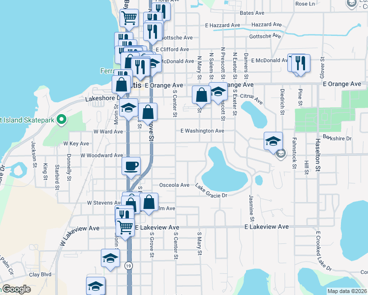 map of restaurants, bars, coffee shops, grocery stores, and more near 511 South Center Street in Eustis