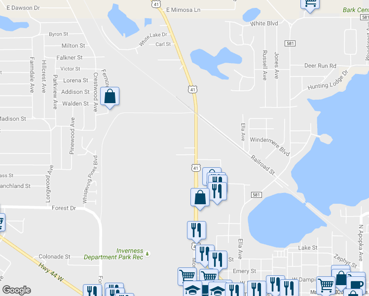 map of restaurants, bars, coffee shops, grocery stores, and more near 1975 Piper Lane in Inverness