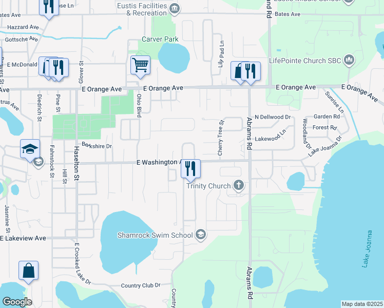 map of restaurants, bars, coffee shops, grocery stores, and more near 541 Highland Drive in Eustis