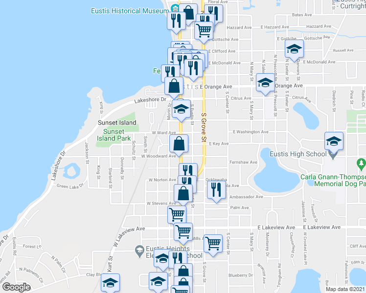 map of restaurants, bars, coffee shops, grocery stores, and more near 14 East Key Avenue in Eustis