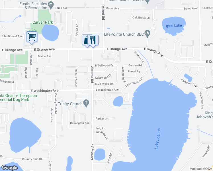 map of restaurants, bars, coffee shops, grocery stores, and more near 2714 South Dellwood Drive in Eustis