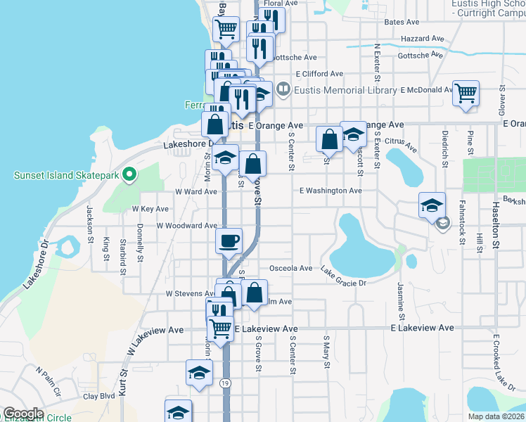 map of restaurants, bars, coffee shops, grocery stores, and more near 503 South Grove Street in Eustis