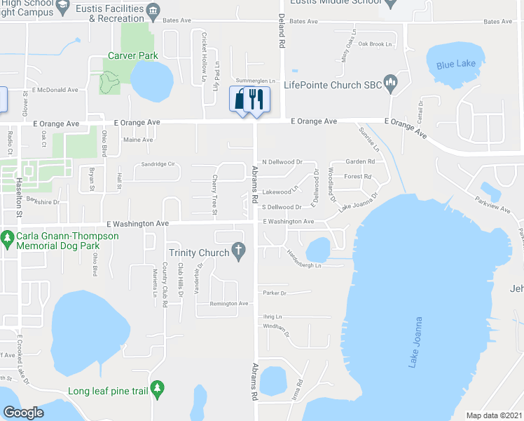 map of restaurants, bars, coffee shops, grocery stores, and more near 2702 South Dellwood Drive in Eustis
