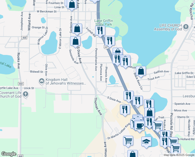 map of restaurants, bars, coffee shops, grocery stores, and more near 805 Pennsylvania Avenue in Fruitland Park
