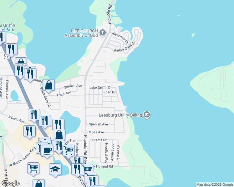 map of restaurants, bars, coffee shops, grocery stores, and more near 89 Lake Griffin Drive in Fruitland Park
