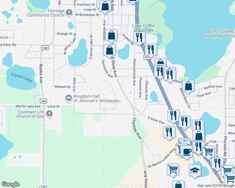 map of restaurants, bars, coffee shops, grocery stores, and more near 1148 Atlantic Ave in Fruitland Park