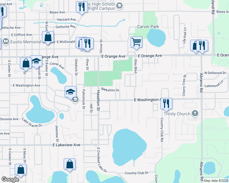 map of restaurants, bars, coffee shops, grocery stores, and more near 420 Mount Vernon Court in Eustis