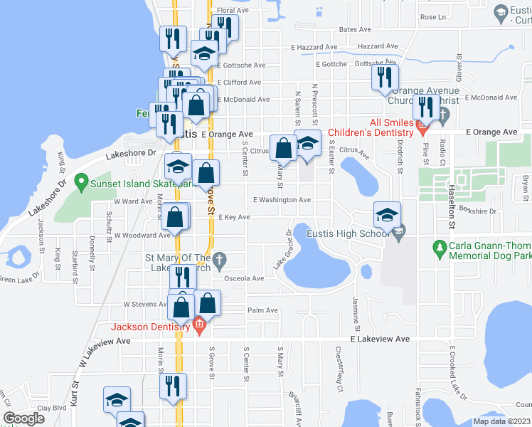 map of restaurants, bars, coffee shops, grocery stores, and more near 505 East Key Avenue in Eustis