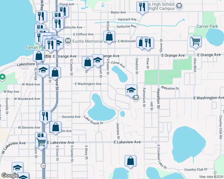 map of restaurants, bars, coffee shops, grocery stores, and more near 1006 East Washington Avenue in Eustis