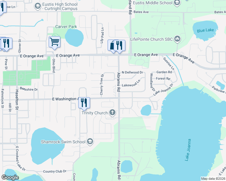 map of restaurants, bars, coffee shops, grocery stores, and more near 2681 East Washington Avenue in Eustis