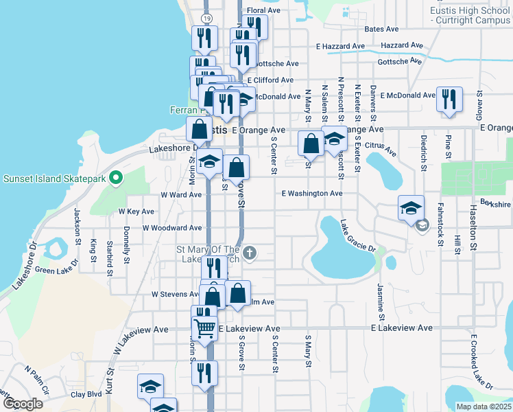 map of restaurants, bars, coffee shops, grocery stores, and more near 233 East Key Avenue in Eustis