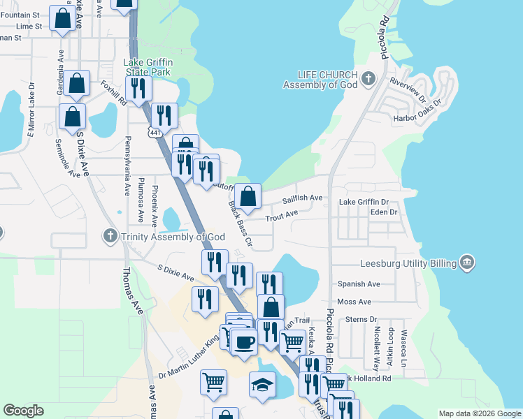map of restaurants, bars, coffee shops, grocery stores, and more near 3504 Trout Avenue in Fruitland Park