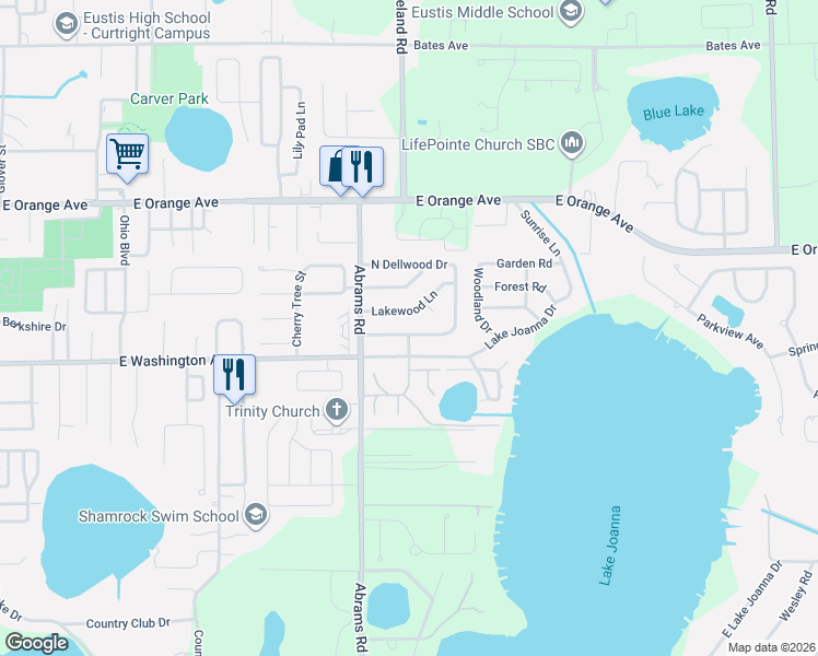 map of restaurants, bars, coffee shops, grocery stores, and more near 2714 South Dellwood Drive in Eustis