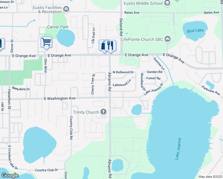 map of restaurants, bars, coffee shops, grocery stores, and more near 2702 South Dellwood Drive in Eustis