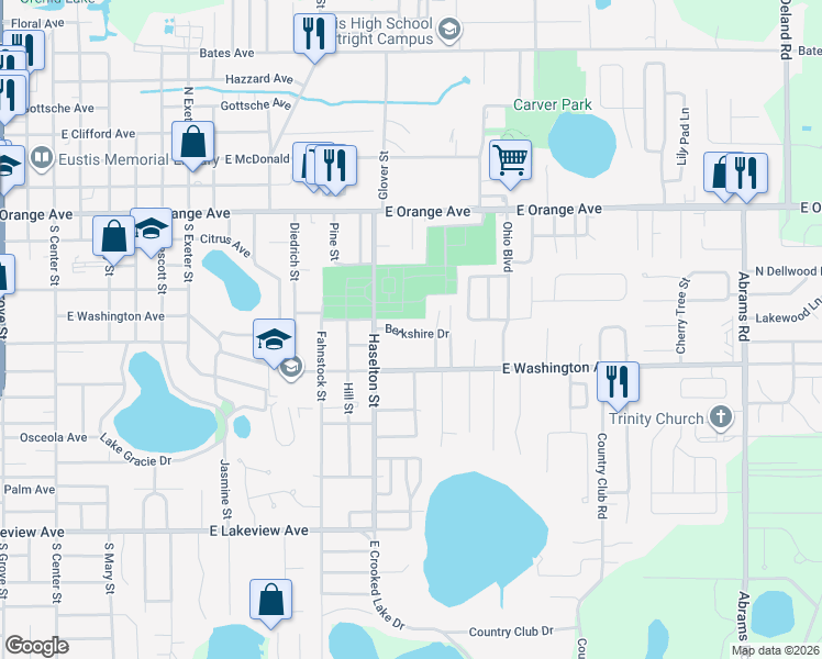 map of restaurants, bars, coffee shops, grocery stores, and more near 1615 Berkshire Drive in Eustis