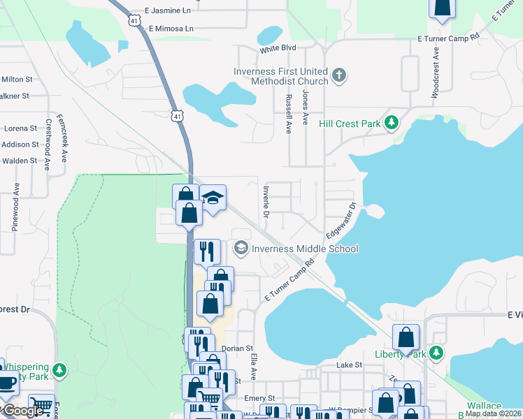 map of restaurants, bars, coffee shops, grocery stores, and more near 829 Lanark Drive in Inverness